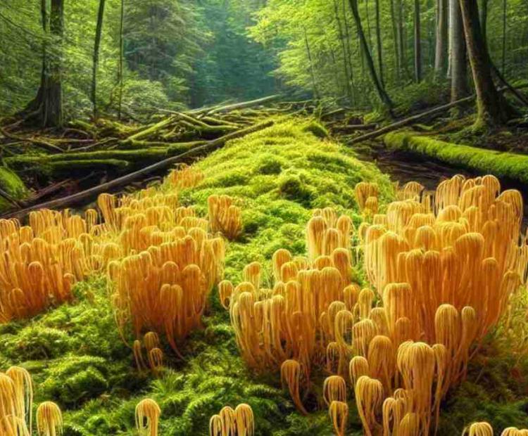 A bright yellow mystery plant discovered deep in the woods, its color standing out in the dense forest.