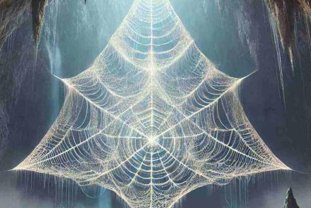 A web chandelier found deep inside a triangular cave near a waterfall, illuminated by soft light.