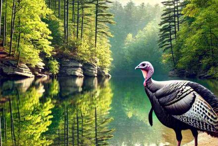 A wild turkey wandering near a peaceful lake, its feathers catching the sunlight.